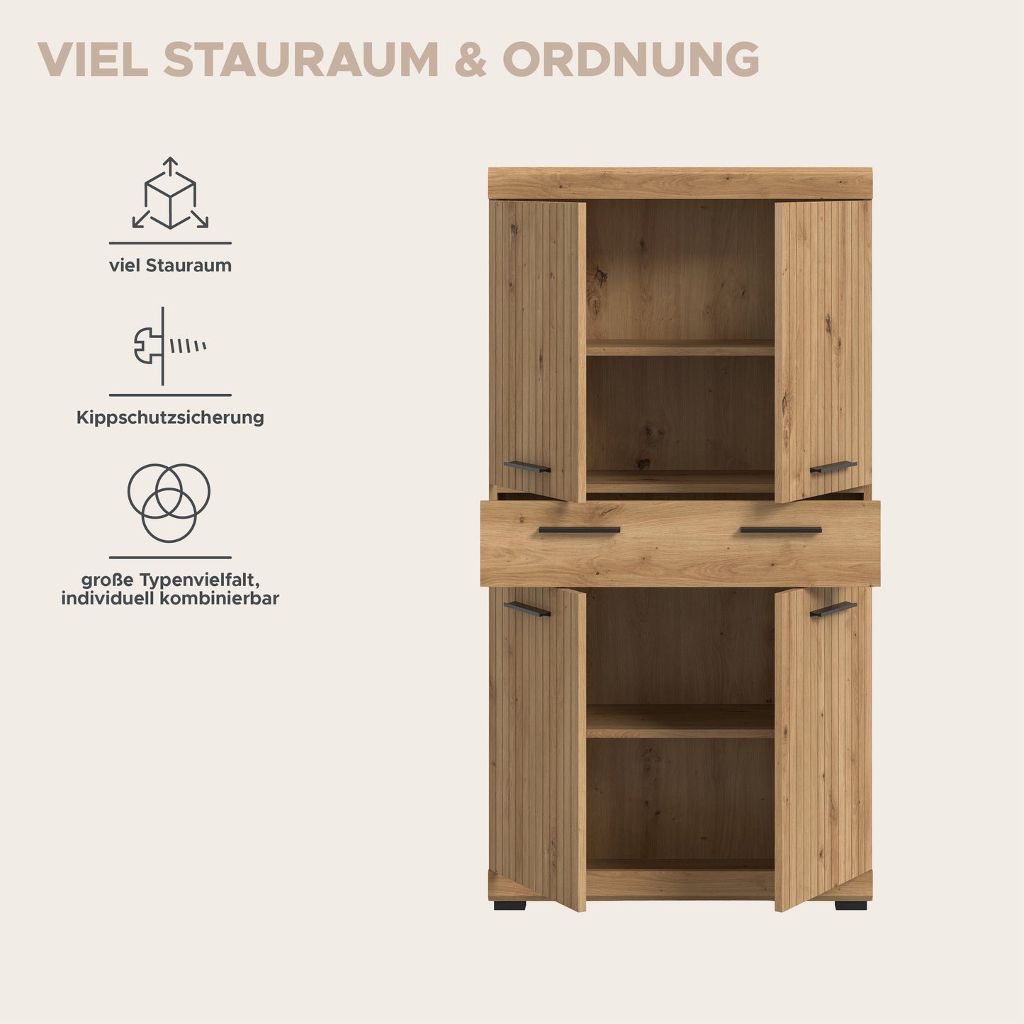 Badhochschrank mit zwei offenen Fächern und Schubladen, Holzdekorfront mit Griffleisten