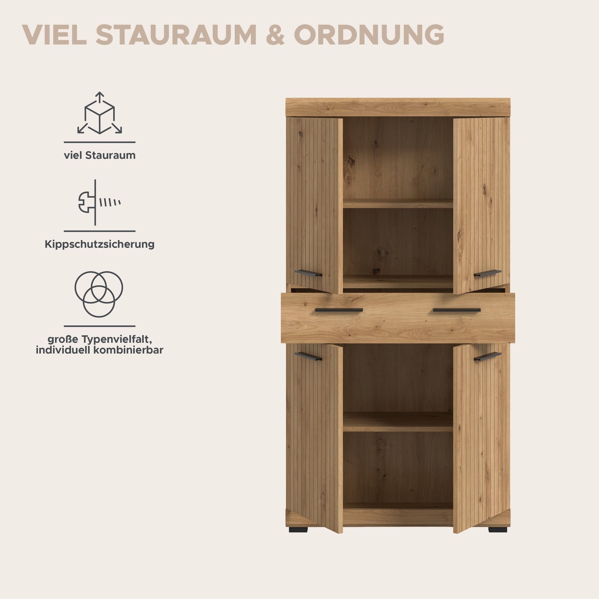 Badhochschrank mit zwei offenen Fächern und Schubladen, Holzdekorfront mit Griffleisten