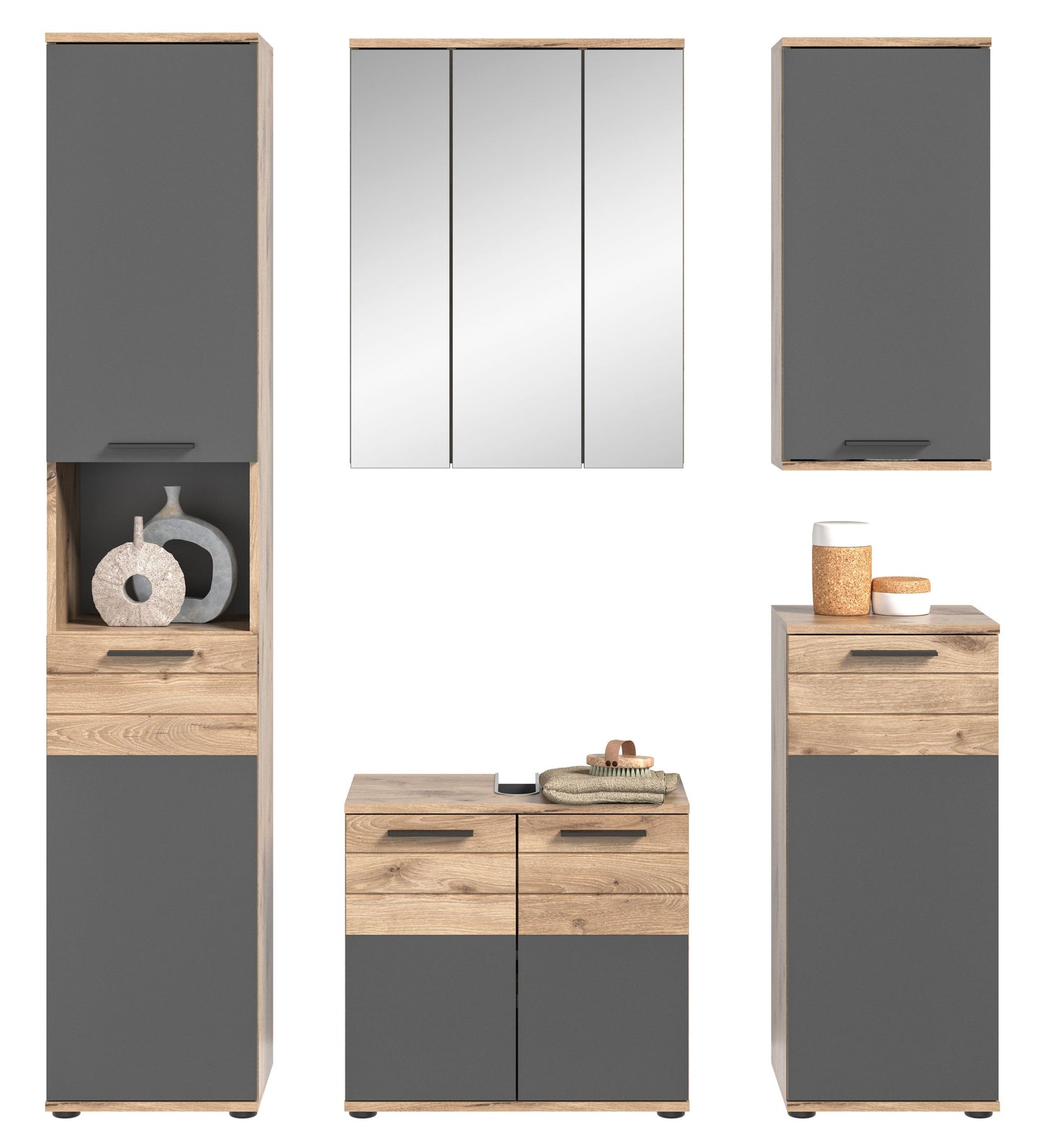 Badmöbel-Set: Hochschrank, Spiegelschrank und Waschtischunterschrank mit Schublade, Holz/Grau