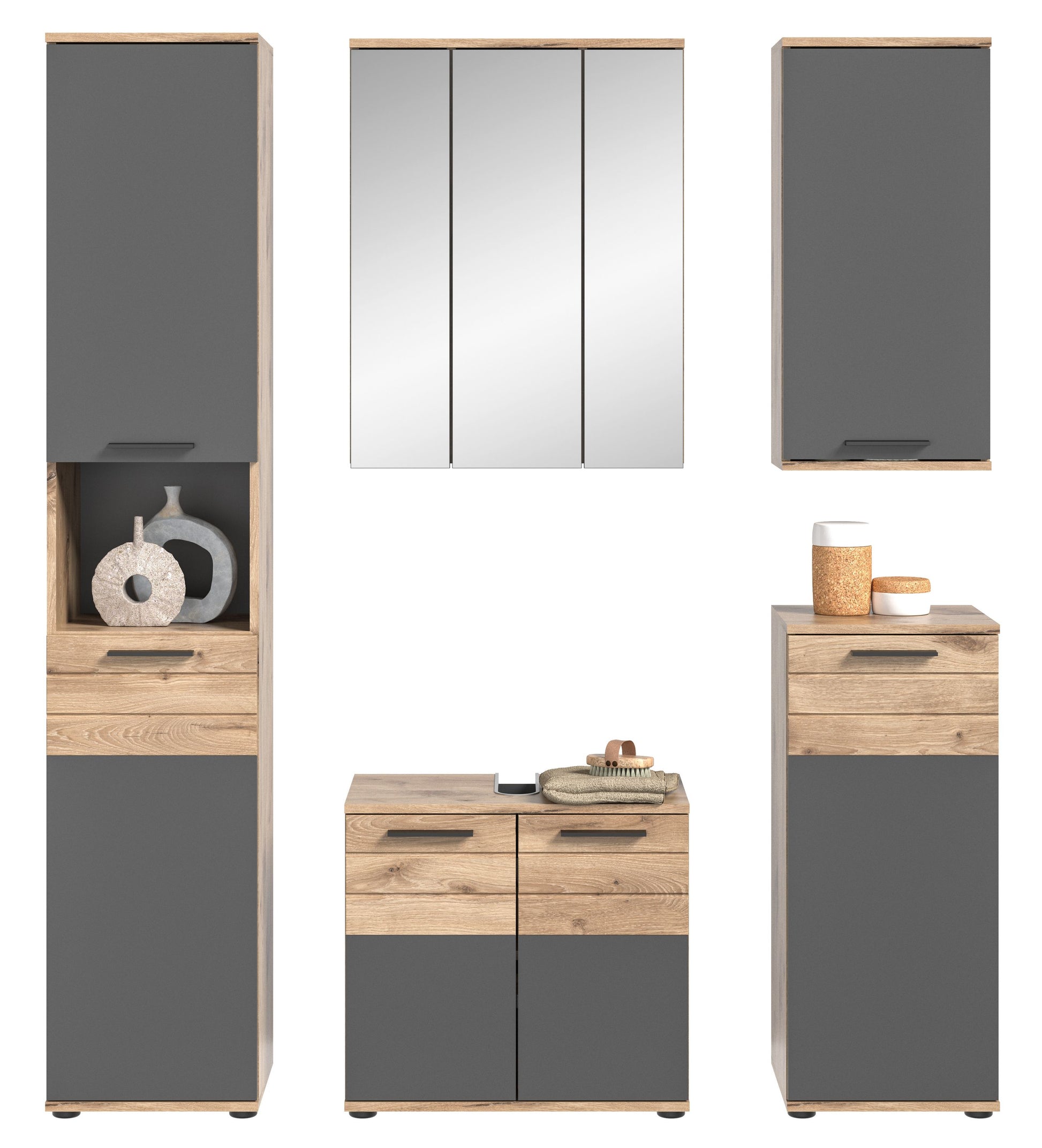 Badmöbel-Set: Hochschrank, Spiegelschrank und Waschtischunterschrank mit Schublade, Holz/Grau