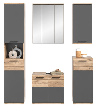 Badmöbel-Set: Hochschrank, Spiegelschrank und Waschtischunterschrank mit Schublade, Holz/Grau