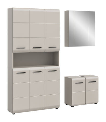Badmöbel-Set in Hellgrau: Hochschrank mit Fächern, Schubladen und Spiegelschrank