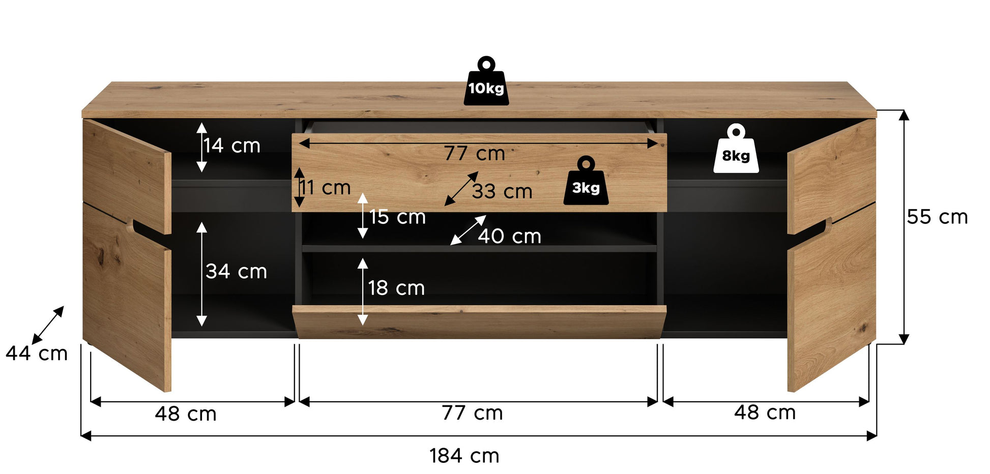 Lowboard mit Innenfach und Griffstange, Ansicht mit Maßangaben: 184 cm breit, 55 cm hoch