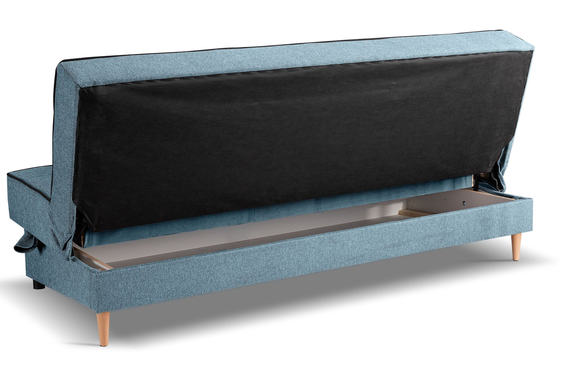 Schlafsofa mit blauem Stoffbezug, offenliegender Schlaffunktion mit Rahmen im Inneren