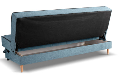 Schlafsofa mit blauem Stoffbezug, offenliegender Schlaffunktion mit Rahmen im Inneren
