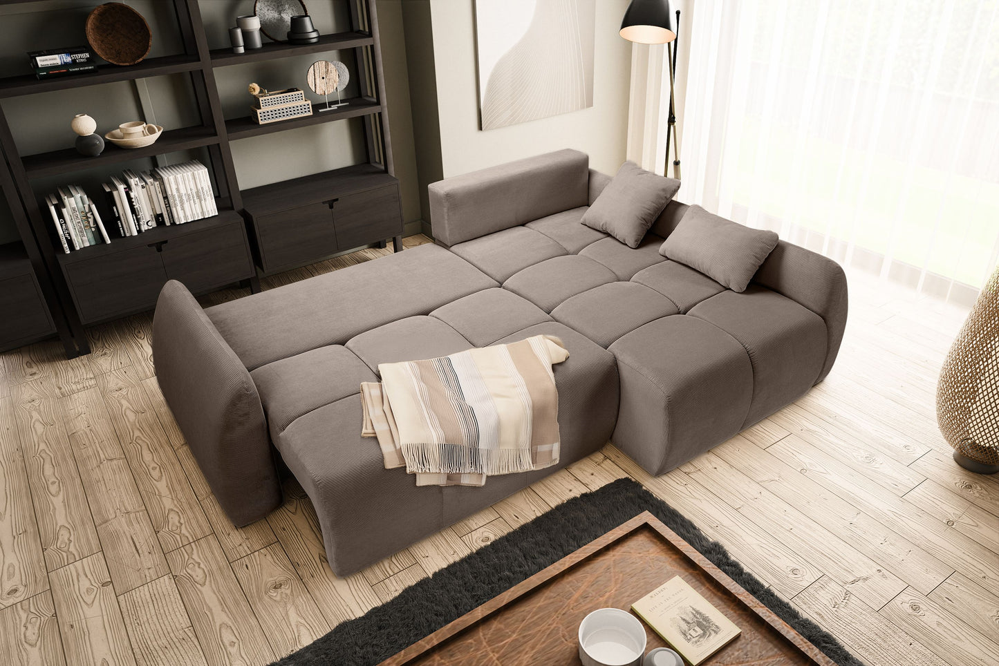 Canapé convertible d'angle Sancho Long – Canapé d'angle tendance en velours côtelé avec fonction couchage