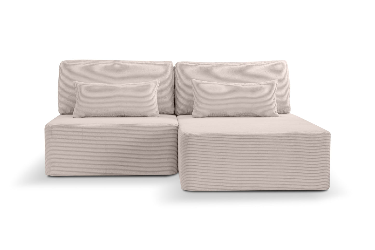 Cord-Schlafsofa in Beige, kompakte Eckform mit zwei Rückenkissen