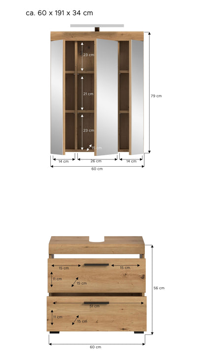 Badezimmerset mit Spiegelschrank und Waschtischunterschrank, Holzoptik, Türen mit Fächern