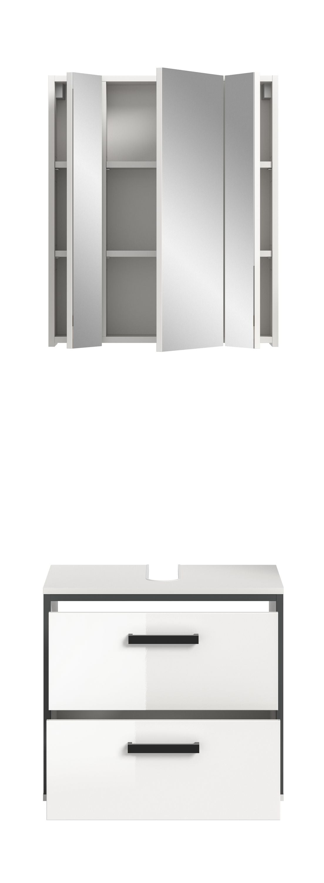 Badmöbelset mit offenem Badspiegelschrank und Waschtischunterschrank, zwei Schubladen, weiß