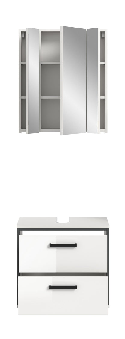 Badmöbelset mit offenem Badspiegelschrank und Waschtischunterschrank, zwei Schubladen, weiß