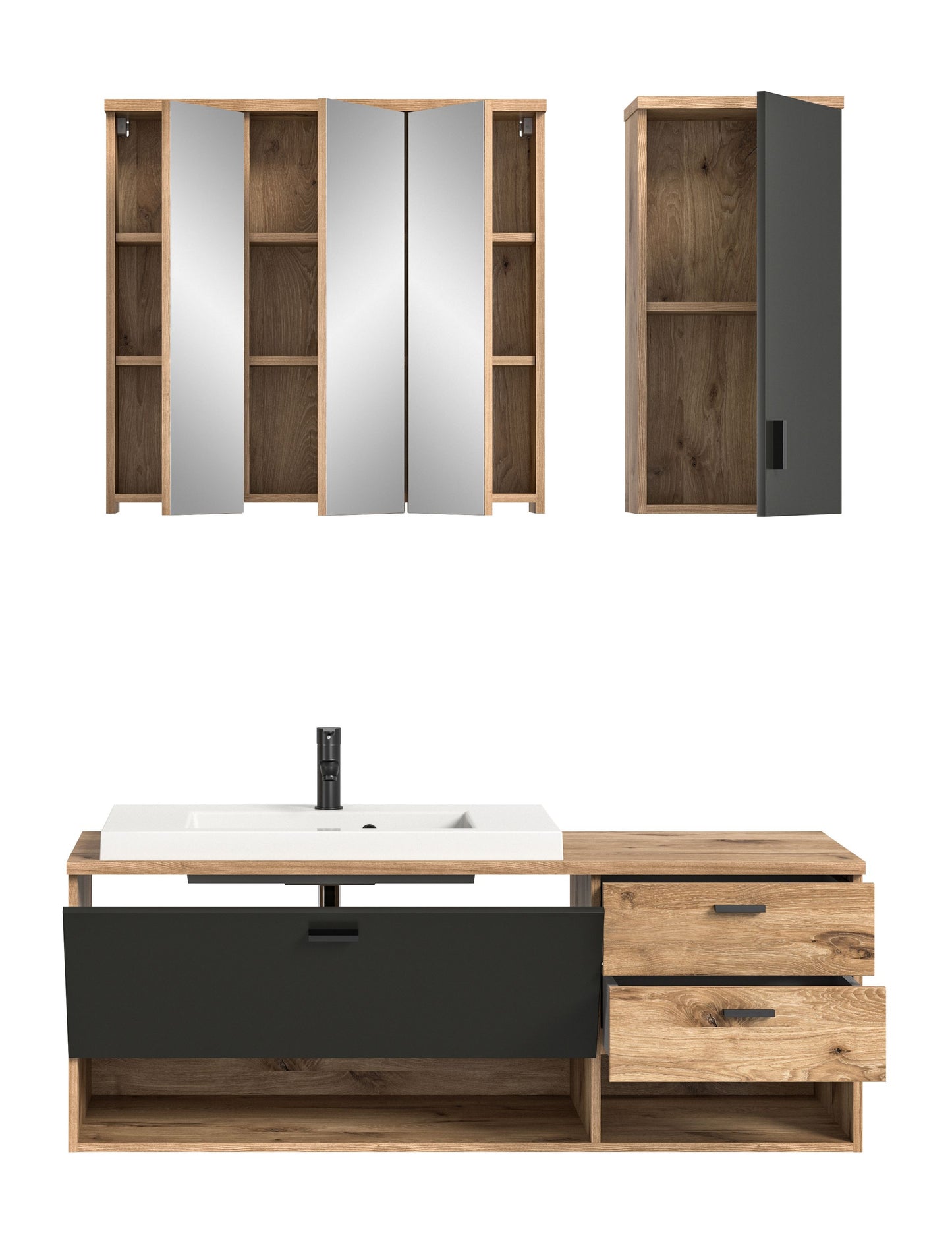 Badmöbel-Set mit Waschtisch, Waschbecken, Spiegelschrank und Hochschrank mit offenen Fächern.