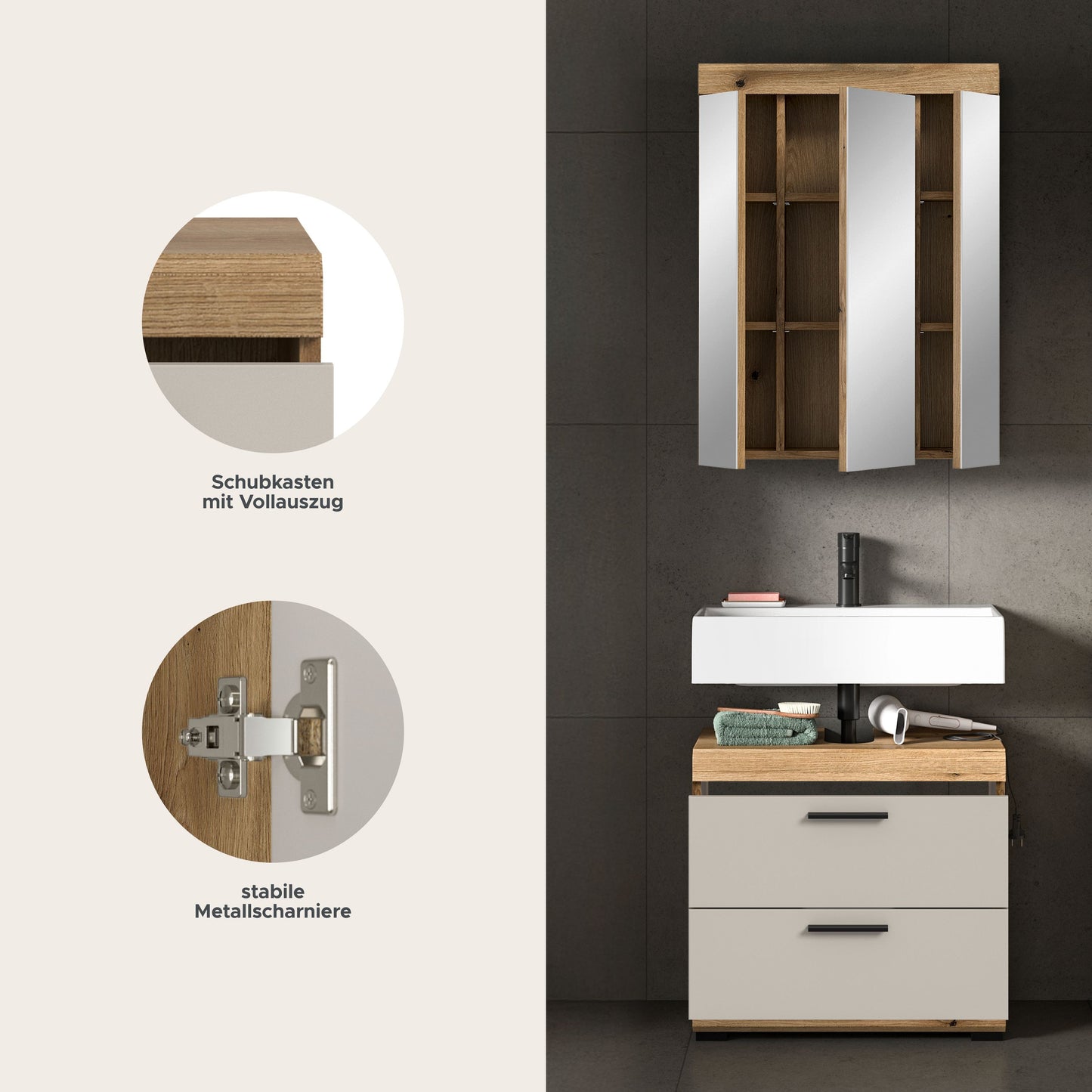 Badschrank mit Spiegelschrank, weiße Front und Holzdekor, Detailansicht