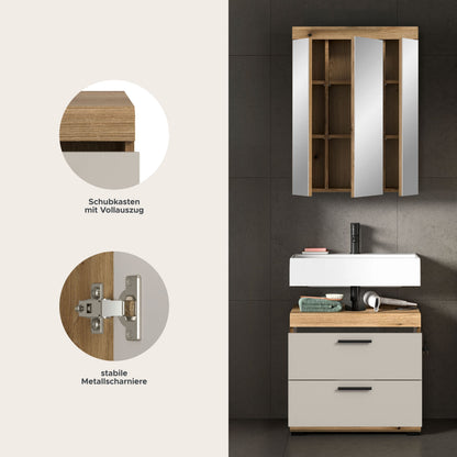 Badschrank mit Spiegelschrank, weiße Front und Holzdekor, Detailansicht