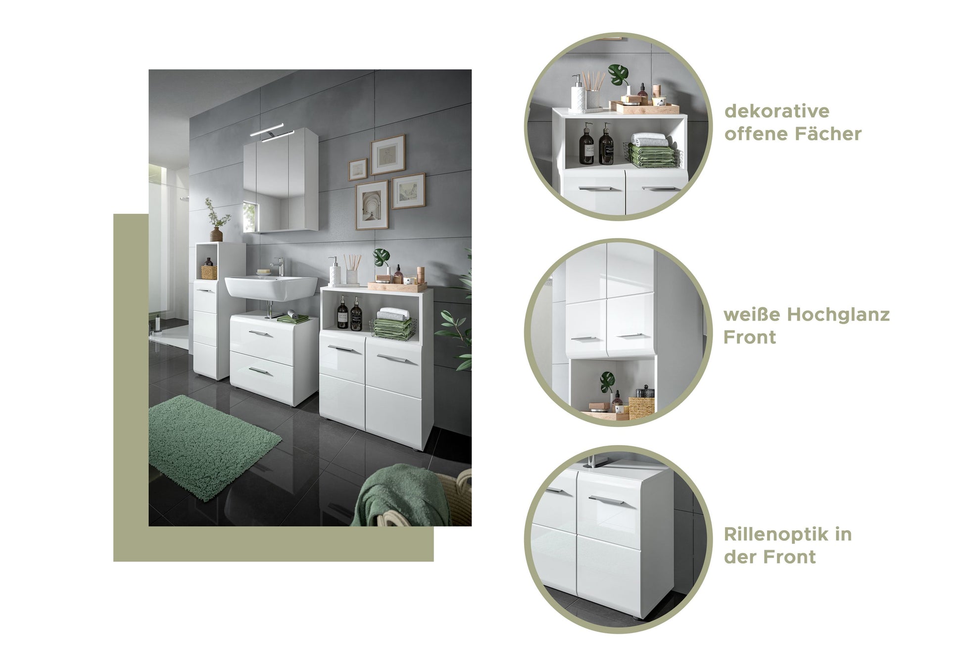 Badmöbelset von Homes & Jones: dekorative offene Fächer, weiße Hochglanz-Front, Rillenoptik