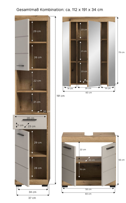 3-teiliges Badezimmerset als Kombination: Hochschrank, Spiegelschrank und Waschtischunterschrank