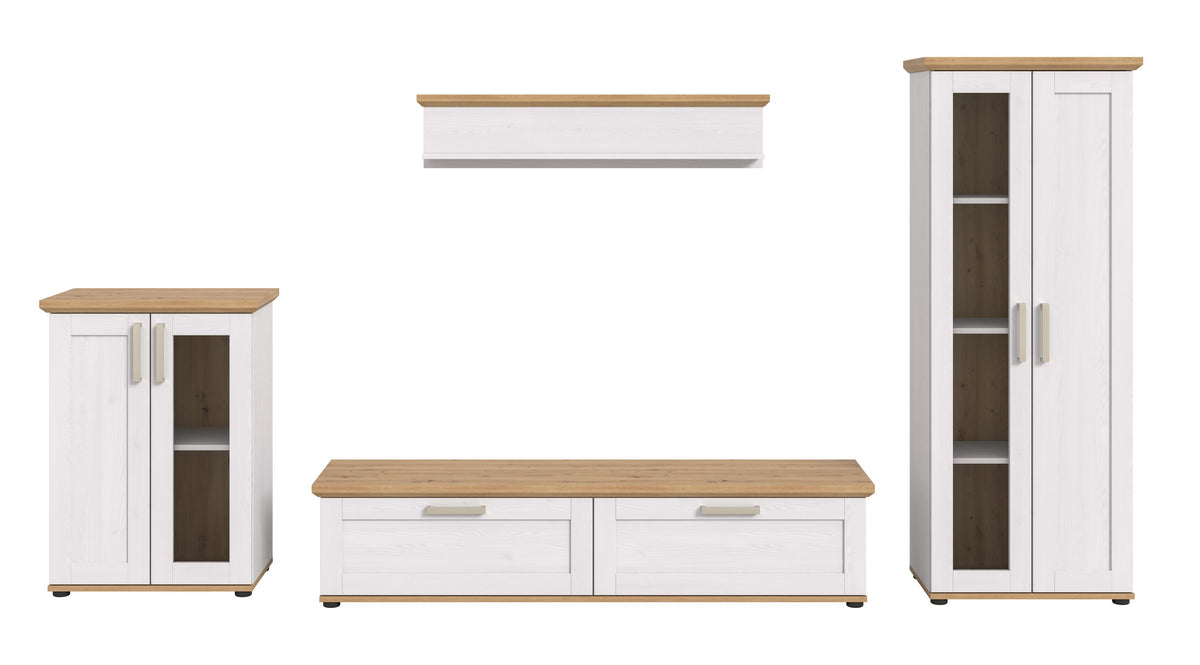 Wohnwandset mit TV-Lowboard, kleinem Seitenschrank, Hochschrank und zwei Wandregalen.