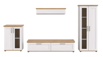 Wohnwandset mit TV-Lowboard, kleinem Seitenschrank, Hochschrank und zwei Wandregalen.