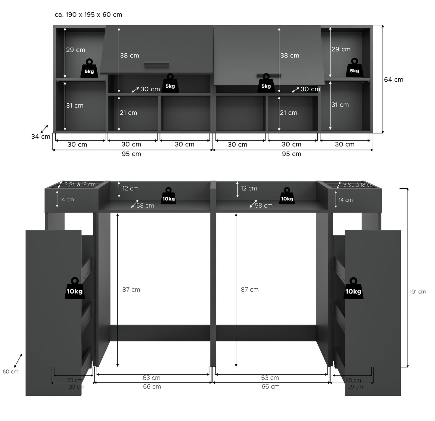 Homes & Jones Waschmaschinenschrank-Set: Maßzeichnung in anthrazit mit Klappen und Regalfächern