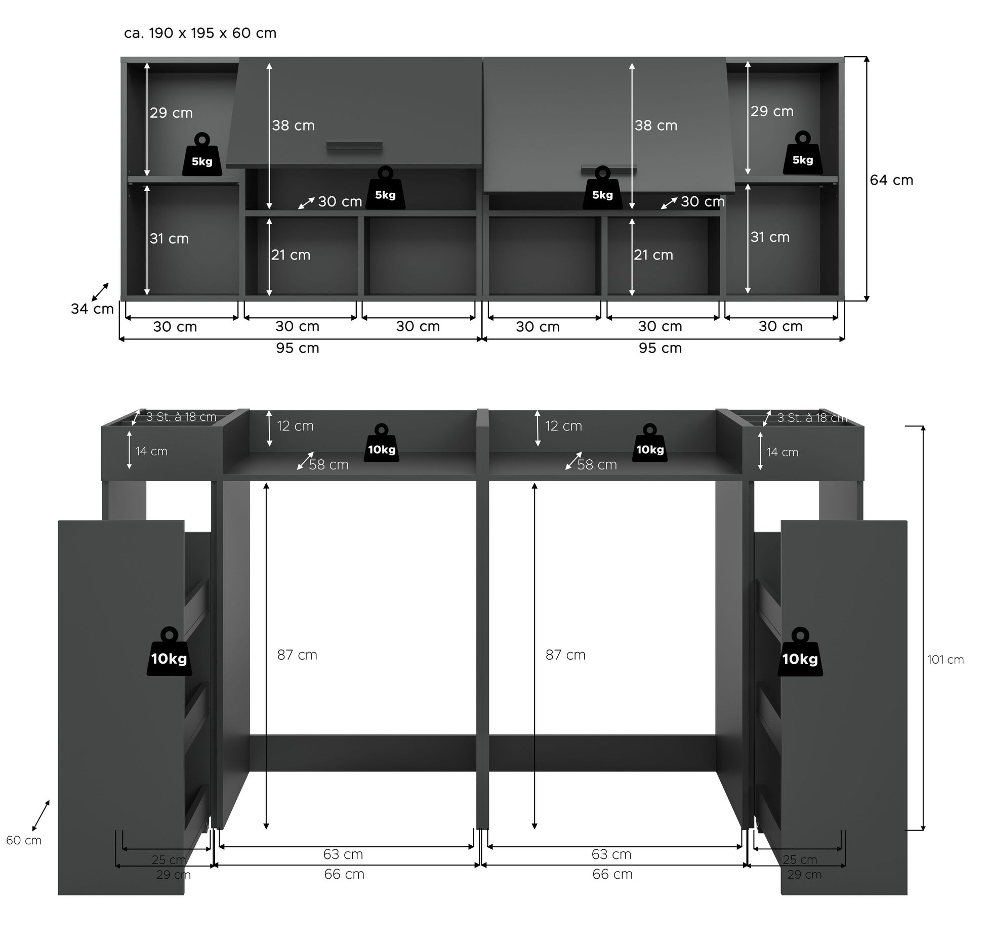 Homes & Jones Waschmaschinenschrank-Set: Maßzeichnung in anthrazit mit Klappen und Regalfächern