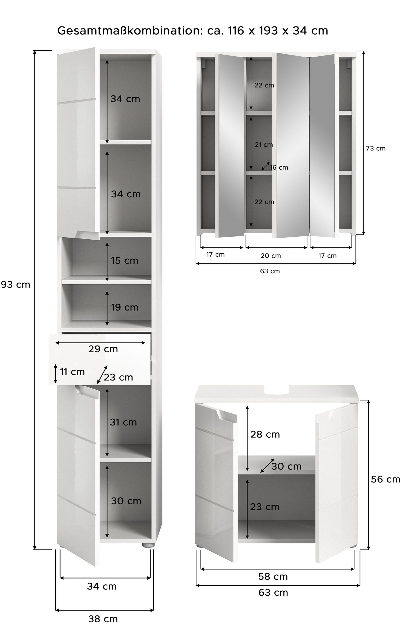 Badmöbelset als Maßskizze, weiße Hochglanzfronten mit Hochschrank und Spiegelschrank