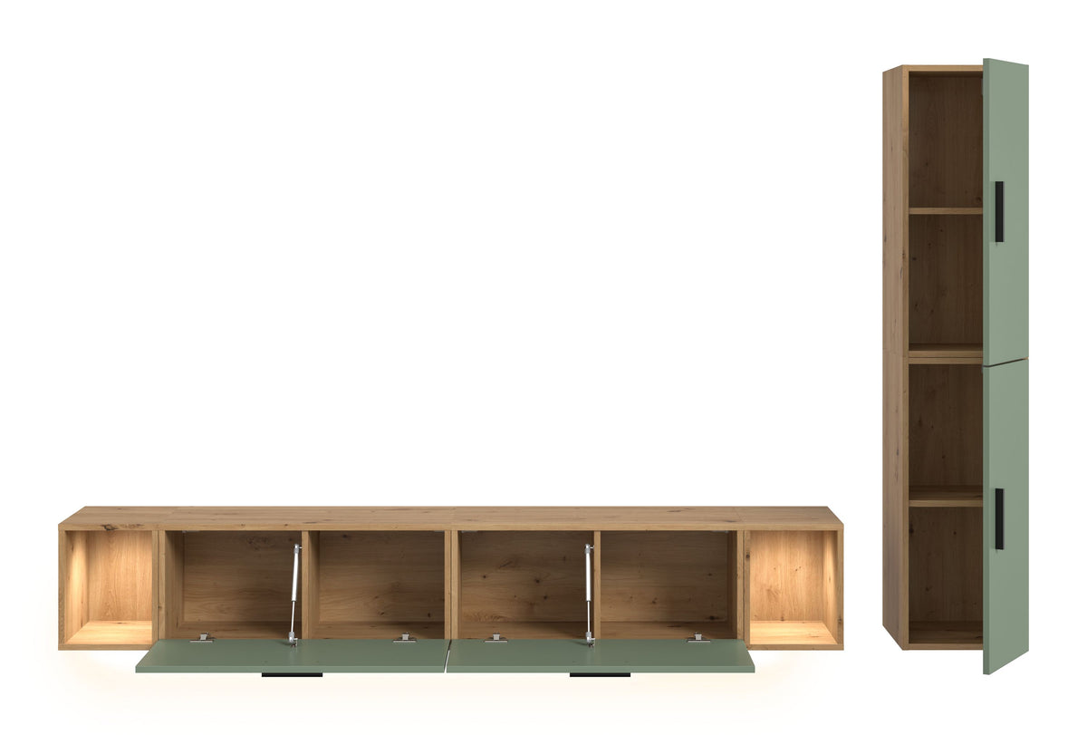 TV-Lowboard mit Beleuchtung, Artisan-Oak und offene Innenfächer, Unterseite mit vier Stützen