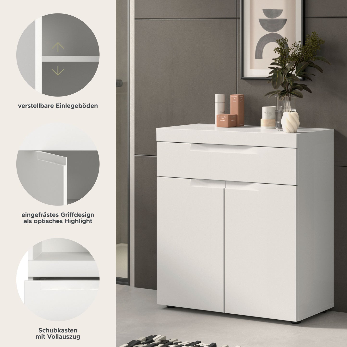Viana Standschrank breit (B/H/T: 75x82x31 cm) in Weiß matt und Weiß