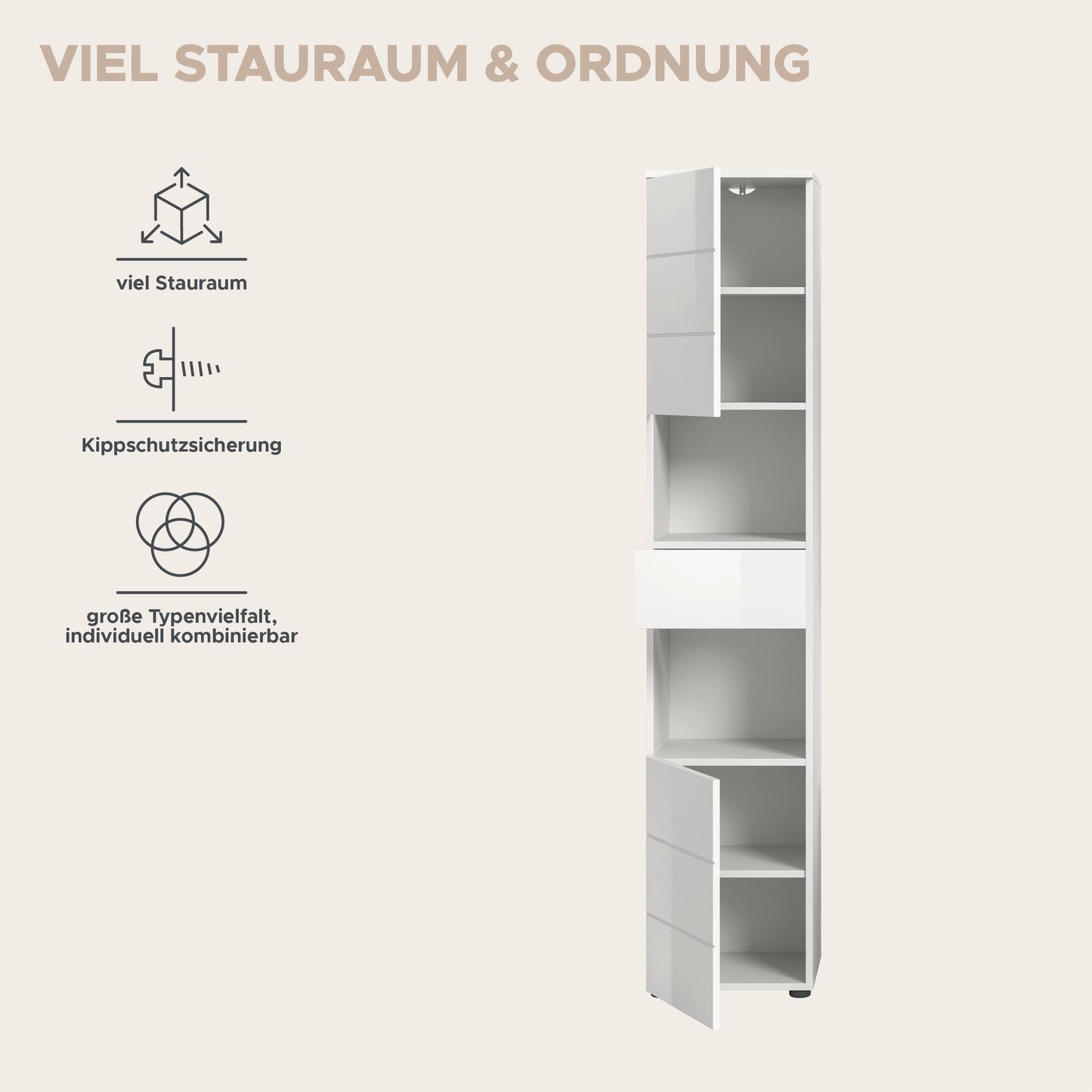 Badhochschrank in Hochglanz-weiß mit Stauraum, Schaubild mit Sicherung und Aufteilung