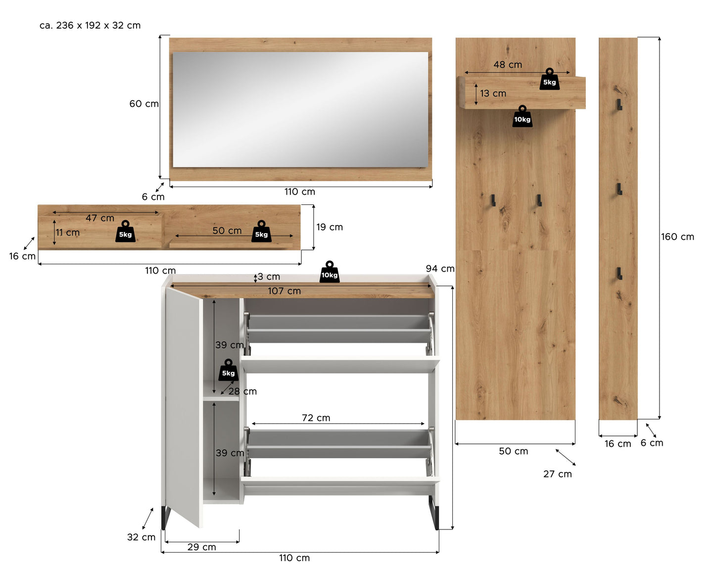 Homes & Jones Garderobe 5-tlg., Garderobenkomplettset, Dielenmöbel-Flurmöbel