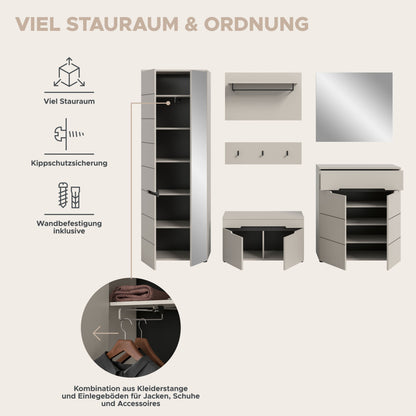 Garderobenset mit Schrank und Sitzbank: offene Fächer, Kleiderstange und Haken