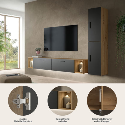 TV-Möbel mit LED-Beleuchtung, brauner Korpusfront und hoher Schrankseite mit Griff