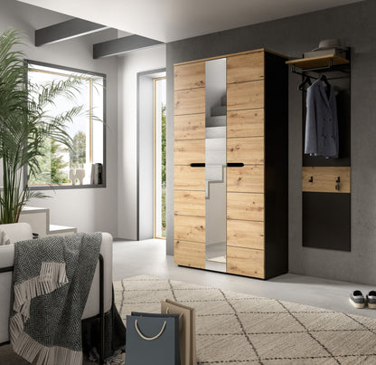 Garderobenschrank mit Spiegeltür und Paneel: Haken, Ablagefach, helles Holzdekor, Anthrazit