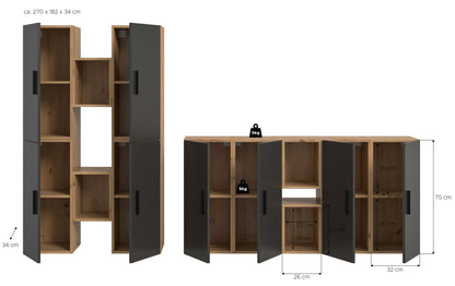 Meuble TV mural THE ONE (l/h/p : env. 270/182/34 cm) en imitation Chêne Artisan/Vert Fumé