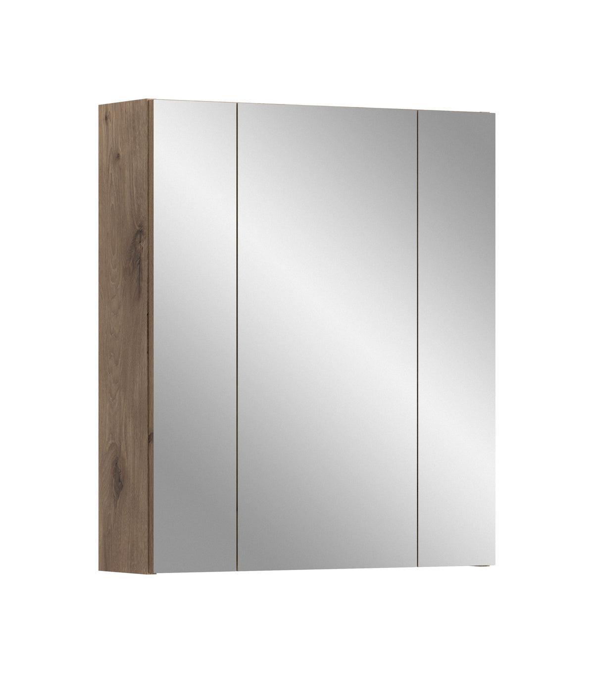 Badspiegelschrank mit 3 Spiegeltüren, Holzseitenoptik, graue Frontansicht
