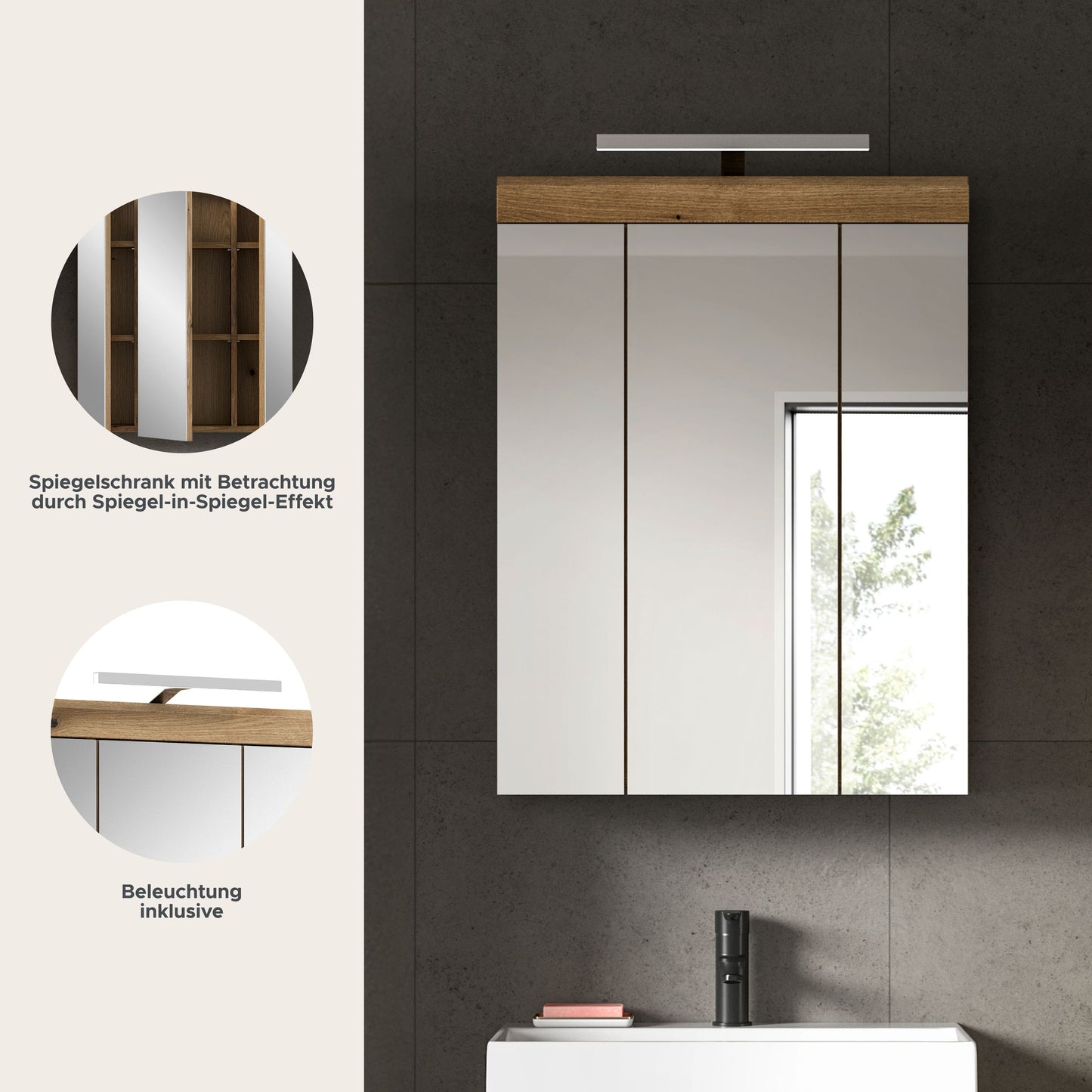 Armoire de toilette avec éclairage SCOUT (L/H/P : env. 60/79/18 cm) en imitation chêne Evoak/verre miroir
