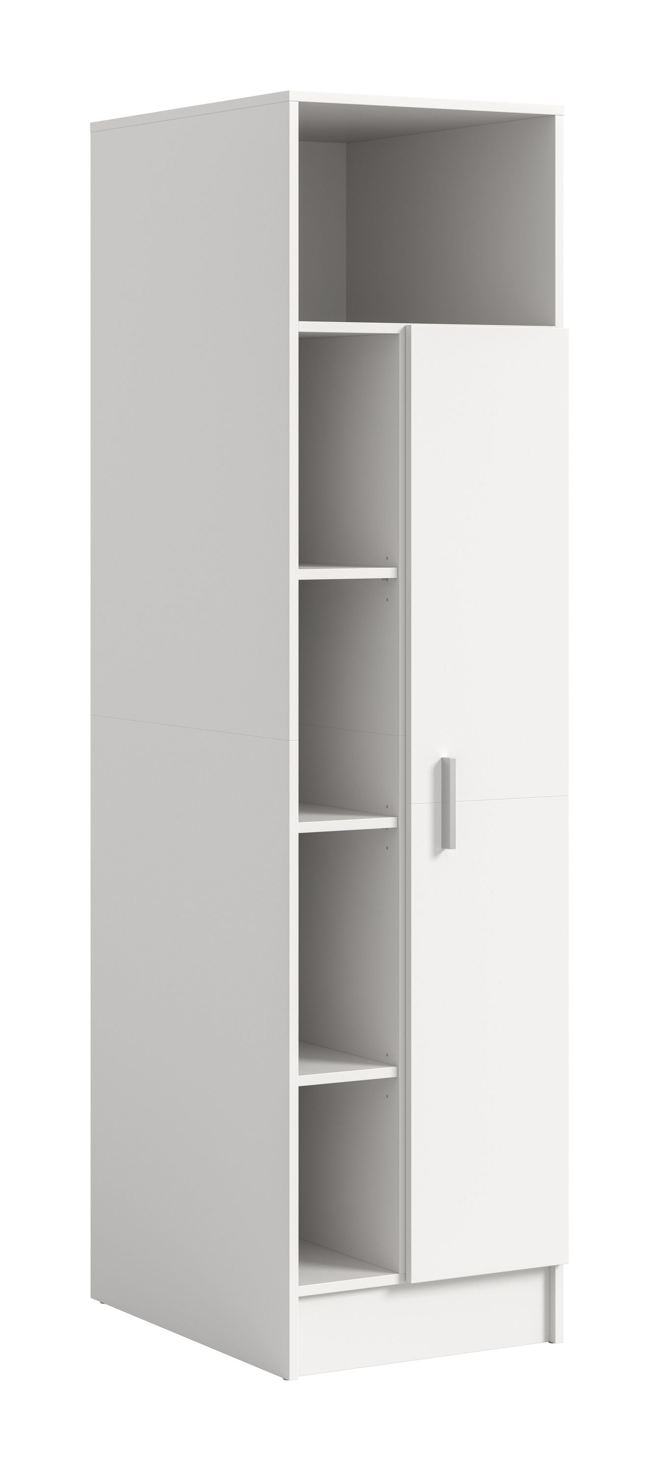 Universalschrank mit Wäschefächern, weiß, offene Tür und Regalböden