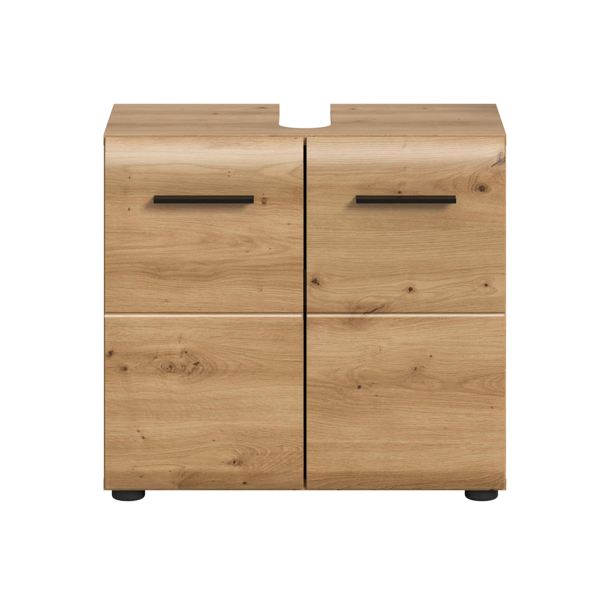 Waschbeckenunterschrank 60 cm, Holzdekor mit zwei Türen und schwarzen Griffen
