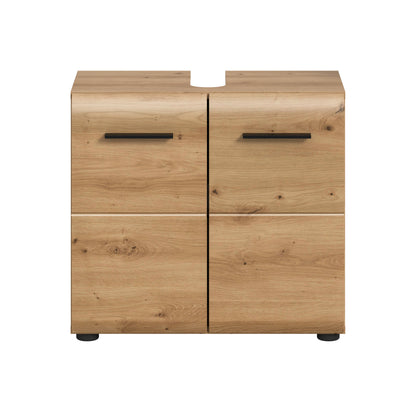 Waschbeckenunterschrank 60 cm, Holzdekor mit zwei Türen und schwarzen Griffen