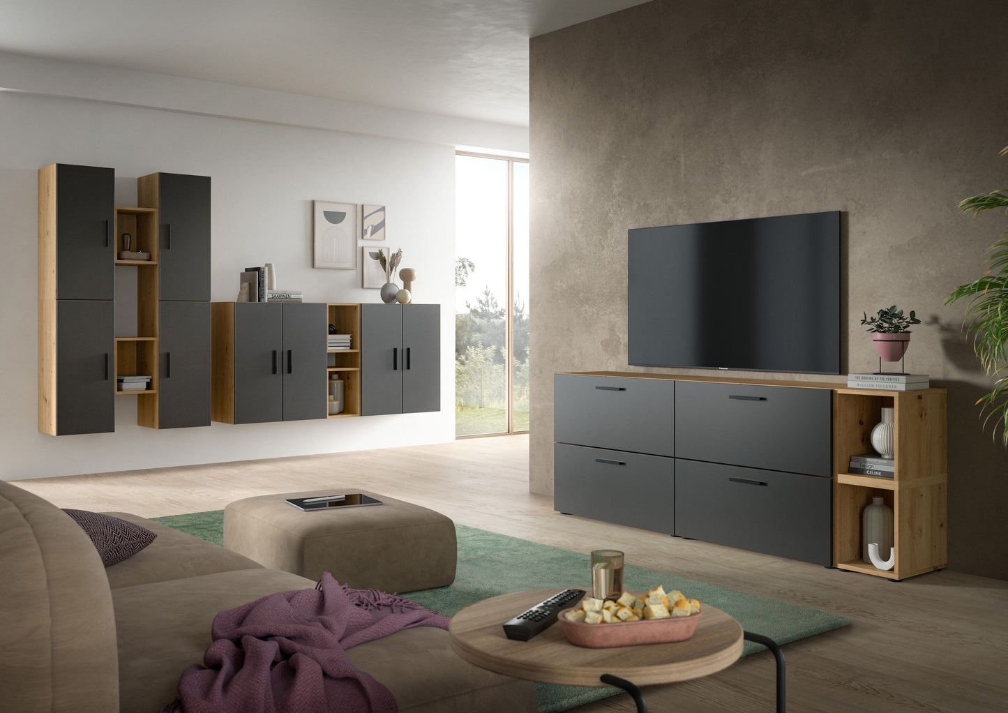Meuble TV mural THE ONE (l/h/p : env. 270/182/34 cm) en imitation Chêne Artisan/Vert Fumé