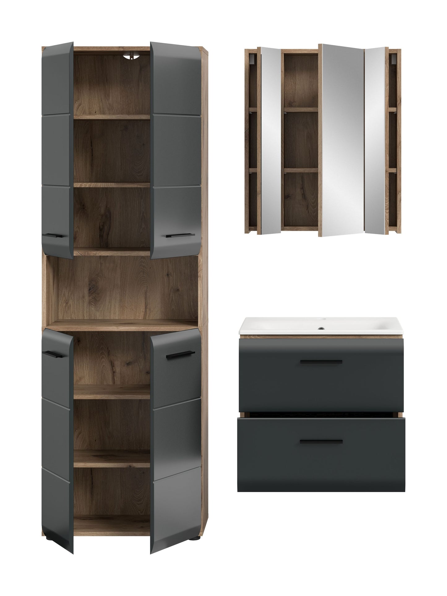 Badmöbel-Set in dunklem Grau und Holzdekor mit Spiegelschrank und offenen Fächern