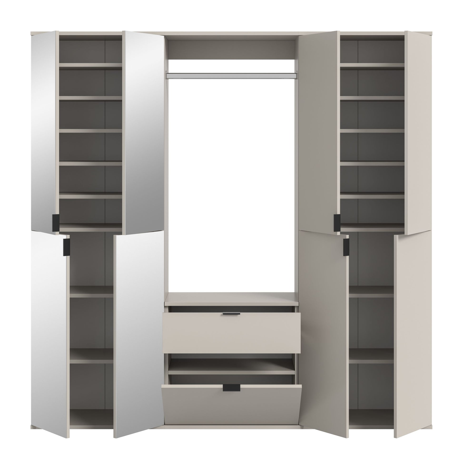 Garderobenschrank-Set mit geöffneten Seitenfächern, Mittelbereich und Schubkästen
