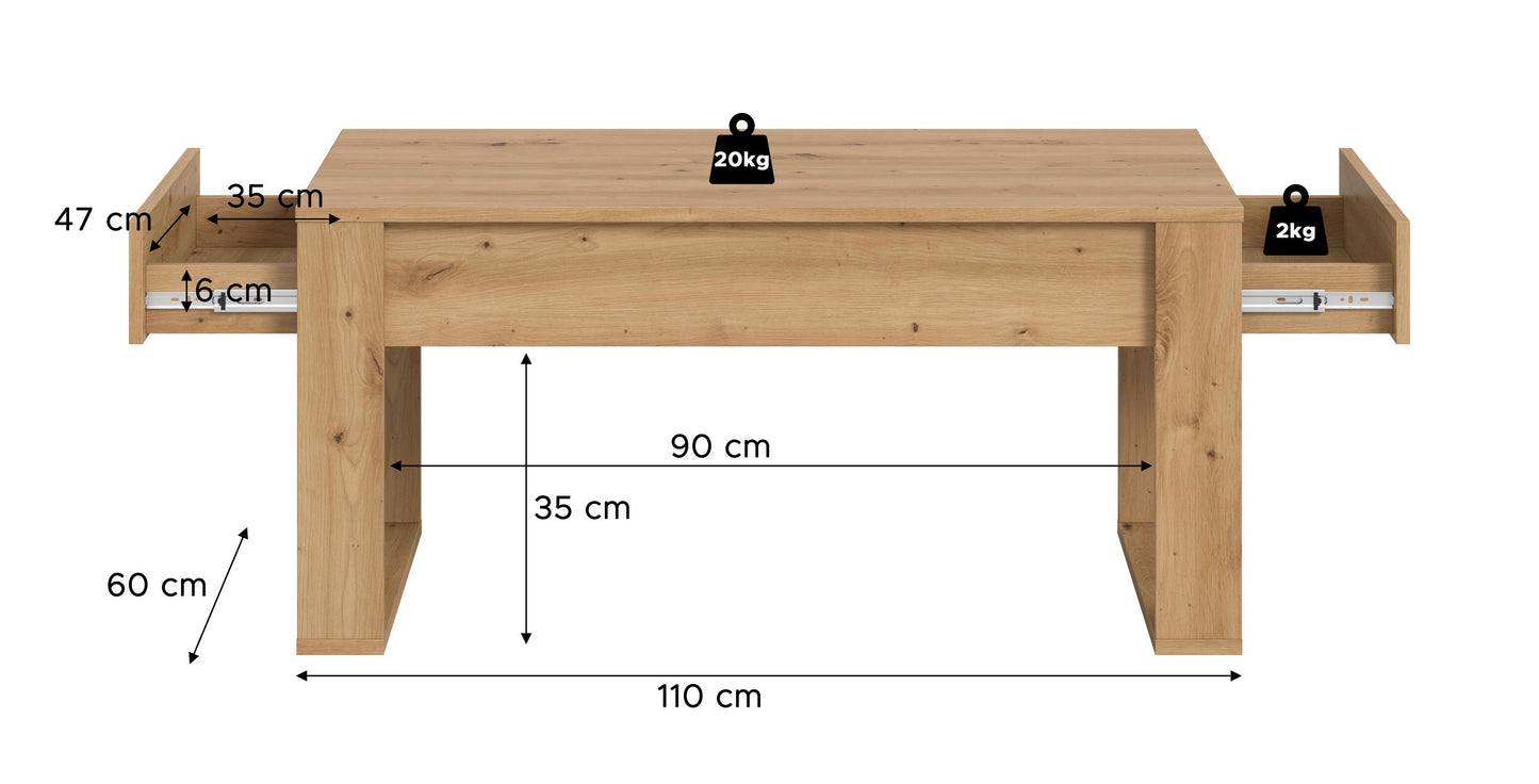Table basse MALMÖ (L/H/P : env. 110/52/60 cm) en imitation Chêne Artisan/imitation Chêne Artisan