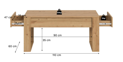 Table basse MALMÖ (L/H/P : env. 110/52/60 cm) en imitation Chêne Artisan/imitation Chêne Artisan
