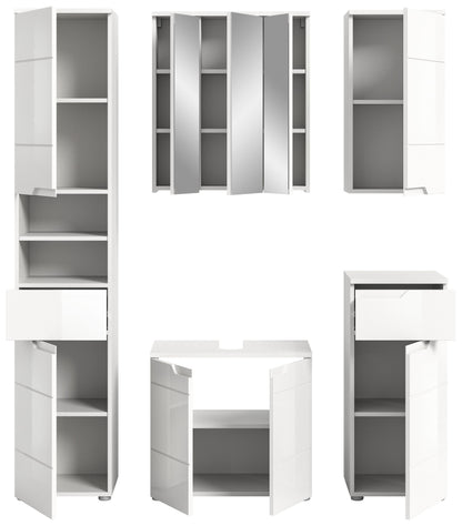 Badezimmermöbel-Set mit weißen Hochglanzfronten, offene Schrankfächer und Türfronten
