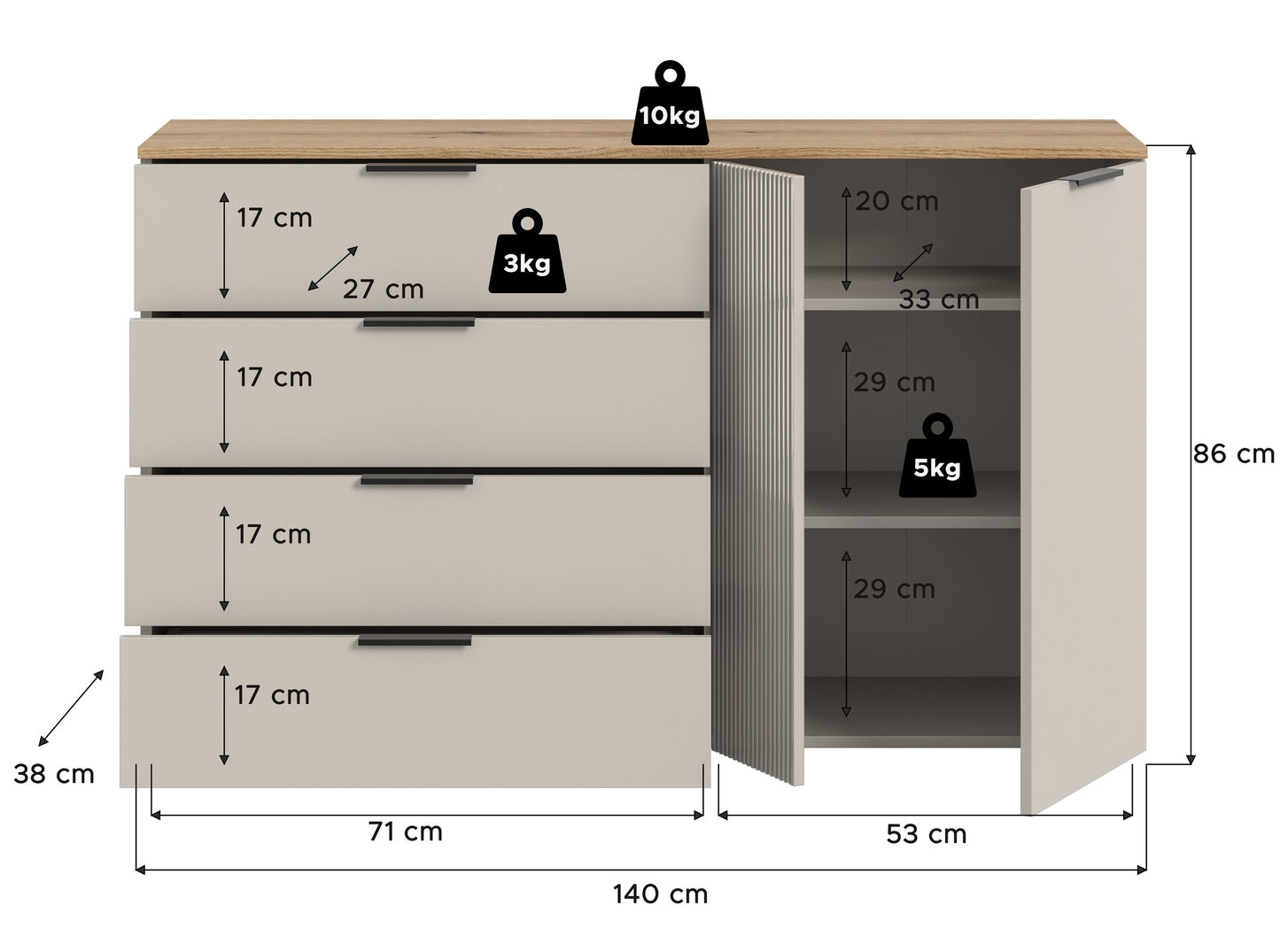 Slide Kommode  (B/H/T: 140x86x38 cm) in Kaschmir