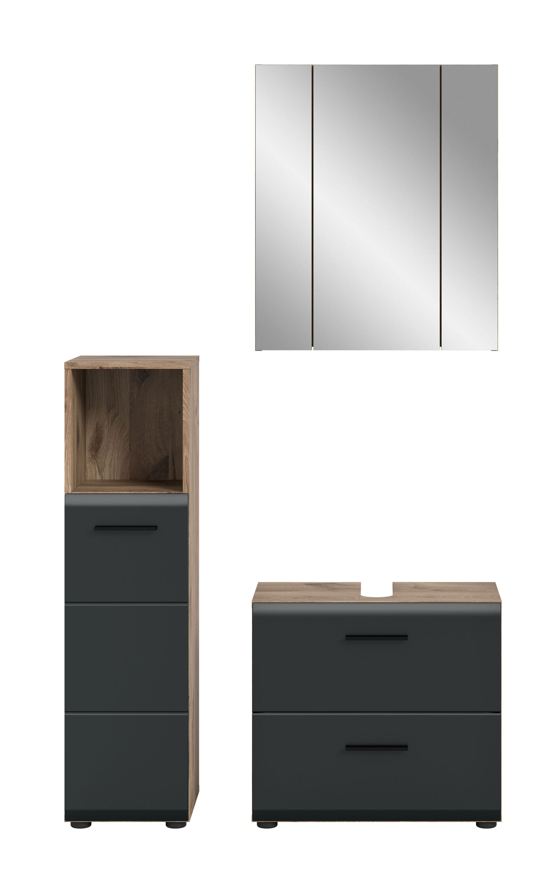 3-teiliges Badmöbel-Set mit dunklem Holz und dunkelgrauer Front, Spiegel, Schrank, Kommode