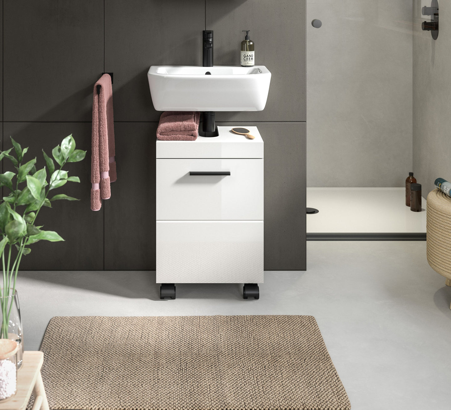 Meuble sous-lavabo à roulettes NOVA (L/H/P : env. 40/58/30 cm) en blanc/blanc brillant