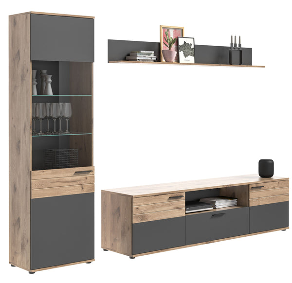 Wohnkombination MASON (B/H/T: ca. 266/200/47 cm) in Nox Oak Nachbildung/Basalt grau