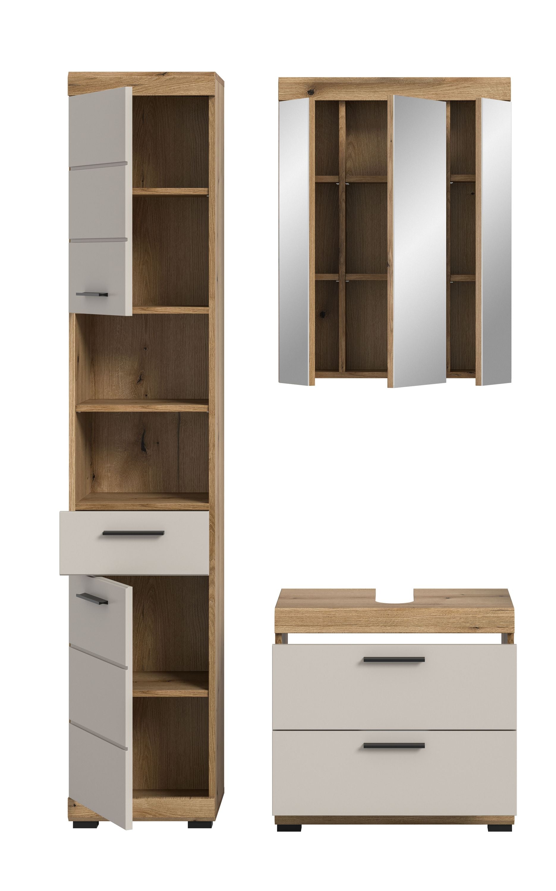 Badezimmerset mit Spiegelschrank, Hochschrank und Unterschrank; weiße Fronten sichtbar