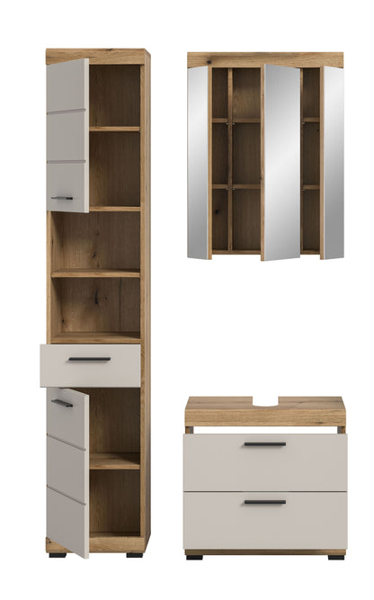 Badezimmerset mit Spiegelschrank, Hochschrank und Unterschrank; weiße Fronten sichtbar