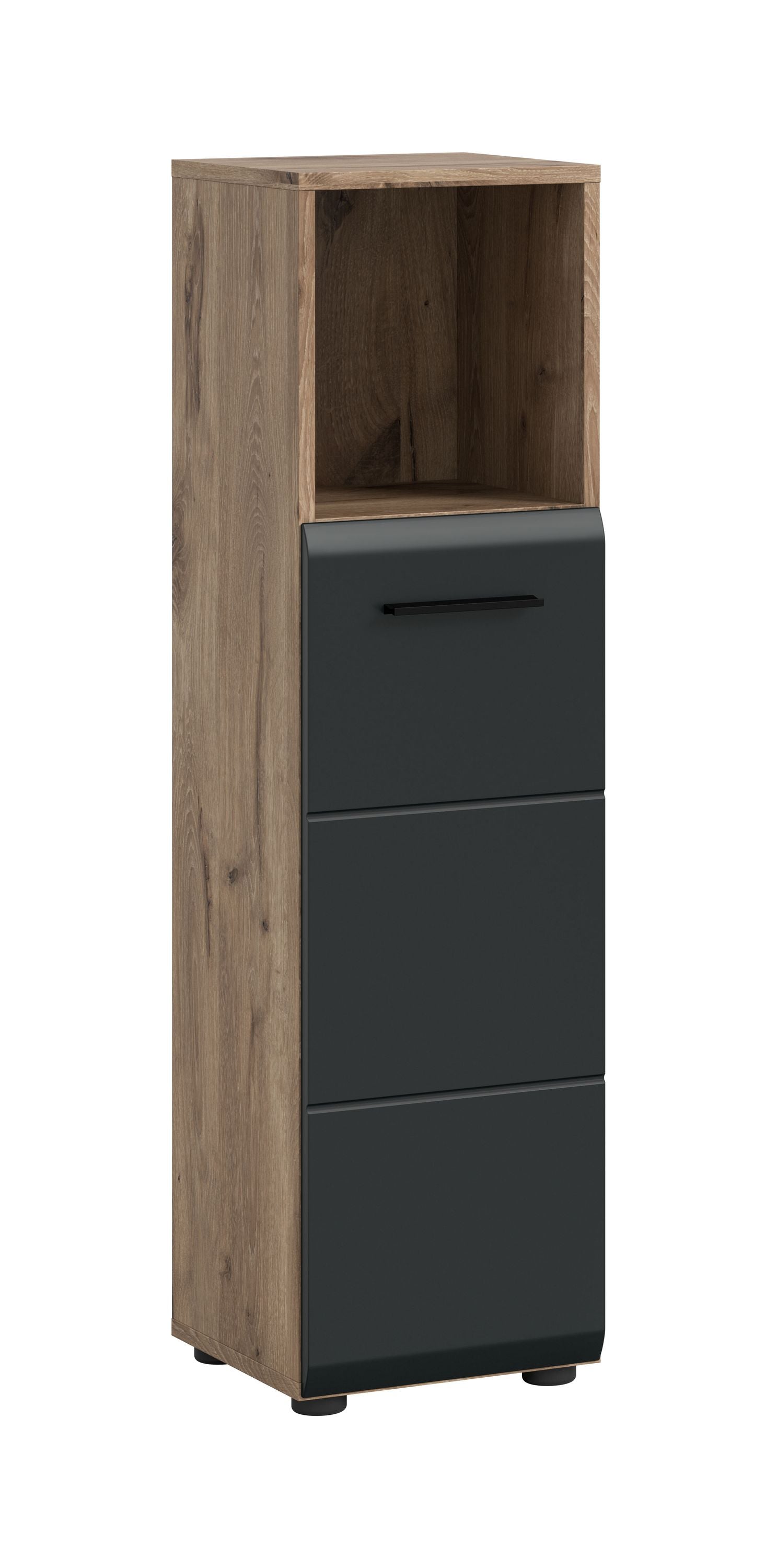 Schmaler Badezimmerschrank in dunklem Grau mit offenem Fach und Schublade, Griffleiste
